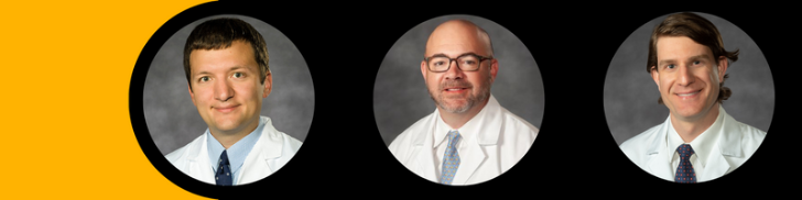 Portraits of radiologists  greg vorona, malcolm sydnor and brian strife on black and yellow background