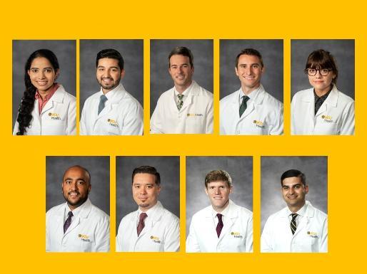 two rows of white coat portraits of nine residency program graduates on a yellow background